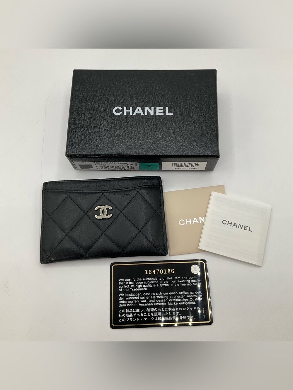 Chanel Quilted Card Holder Wallet Lambskin Leather Black Silver